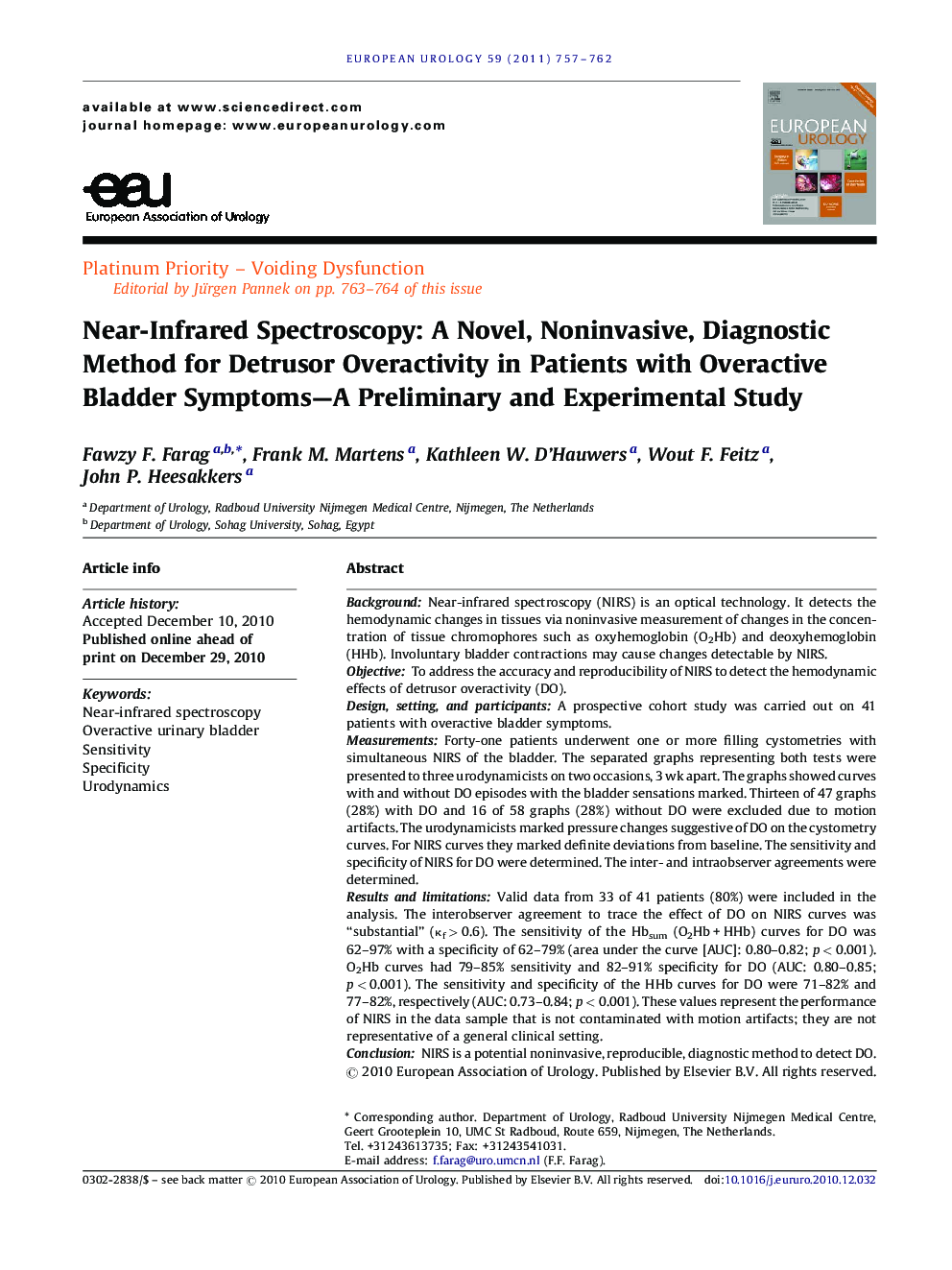 Near-Infrared Spectroscopy: A Novel, Noninvasive, Diagnostic Method for Detrusor Overactivity in Patients with Overactive Bladder Symptoms—A Preliminary and Experimental Study