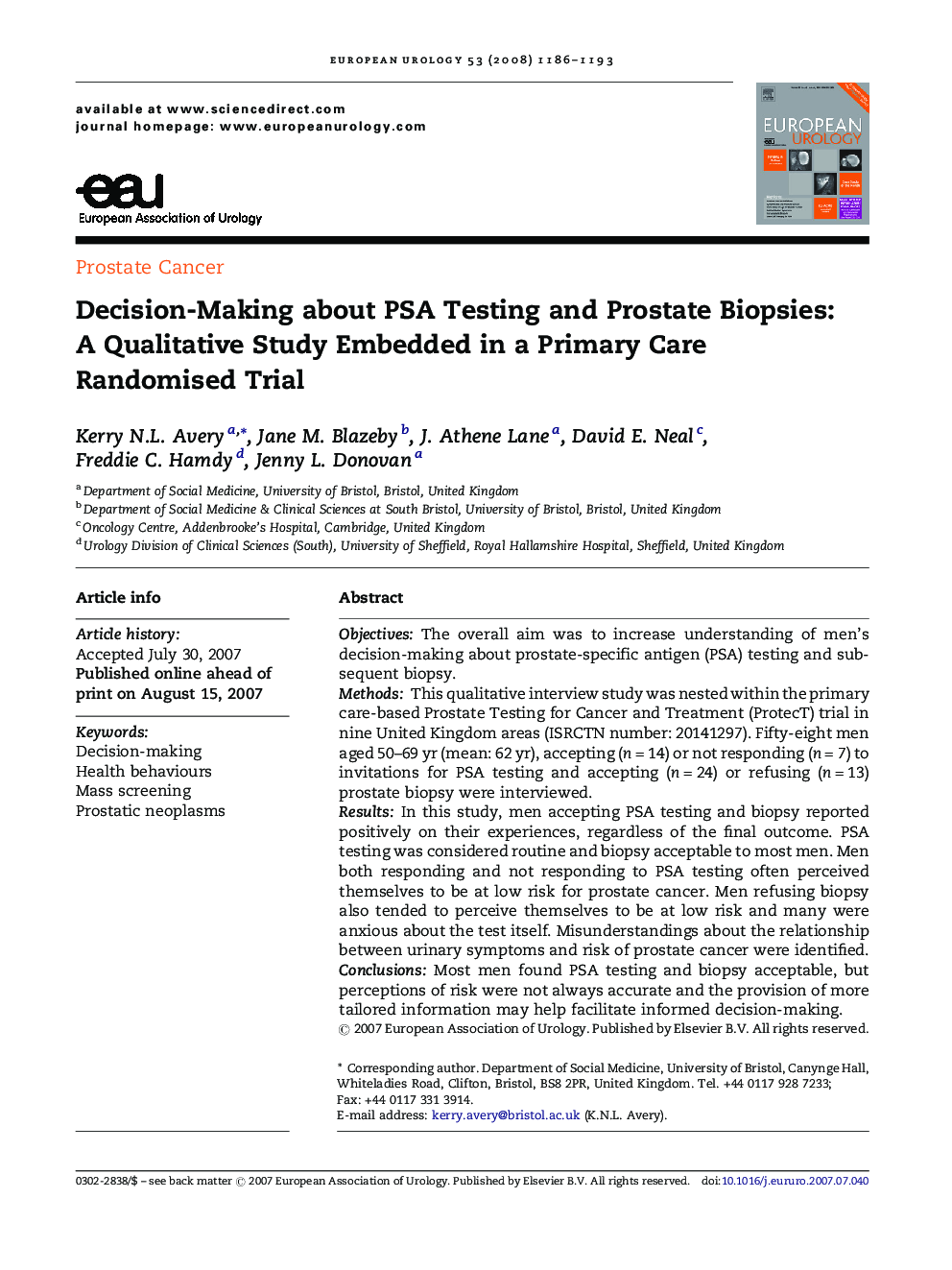 Decision-Making about PSA Testing and Prostate Biopsies: A Qualitative Study Embedded in a Primary Care Randomised Trial