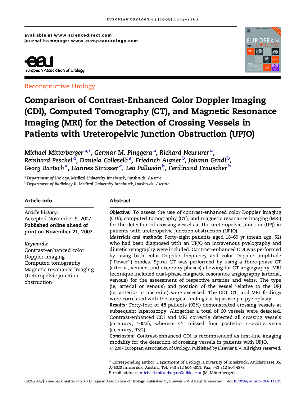 Comparison of Contrast-Enhanced Color Doppler Imaging (CDI), Computed Tomography (CT), and Magnetic Resonance Imaging (MRI) for the Detection of Crossing Vessels in Patients with Ureteropelvic Junction Obstruction (UPJO)