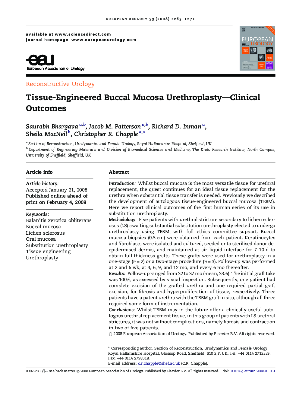 Tissue-Engineered Buccal Mucosa Urethroplasty—Clinical Outcomes