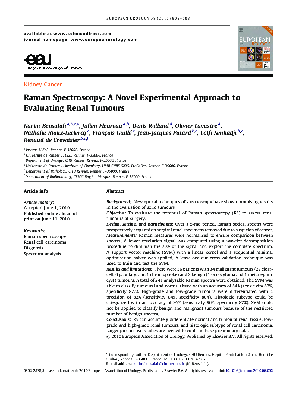 Raman Spectroscopy: A Novel Experimental Approach to Evaluating Renal Tumours