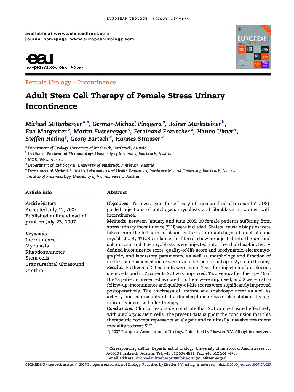 Adult Stem Cell Therapy of Female Stress Urinary Incontinence