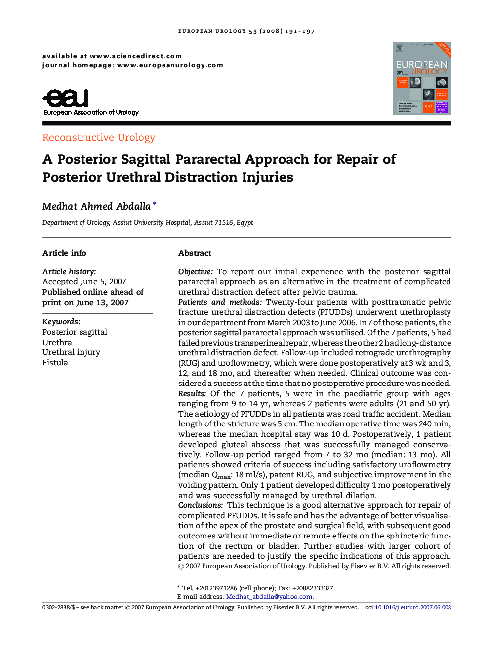 A Posterior Sagittal Pararectal Approach for Repair of Posterior Urethral Distraction Injuries