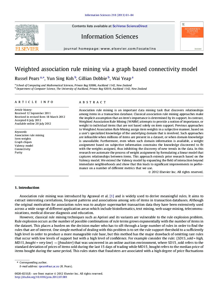 Weighted association rule mining via a graph based connectivity model