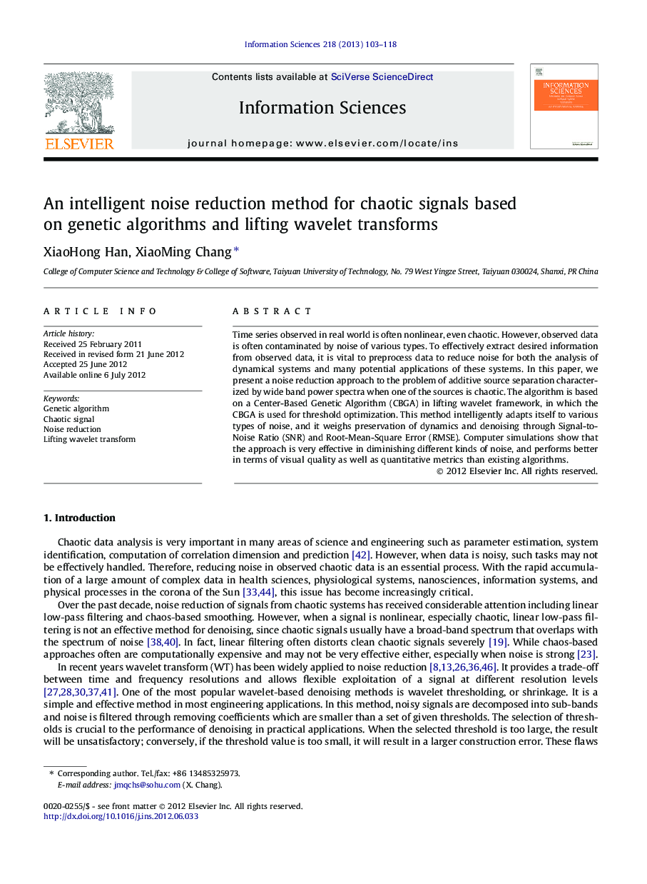 An intelligent noise reduction method for chaotic signals based on genetic algorithms and lifting wavelet transforms