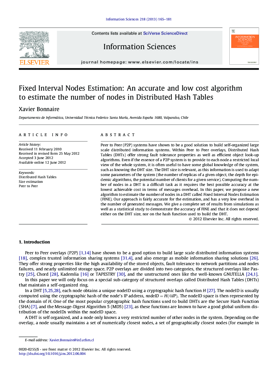 Fixed Interval Nodes Estimation: An accurate and low cost algorithm to estimate the number of nodes in Distributed Hash Tables