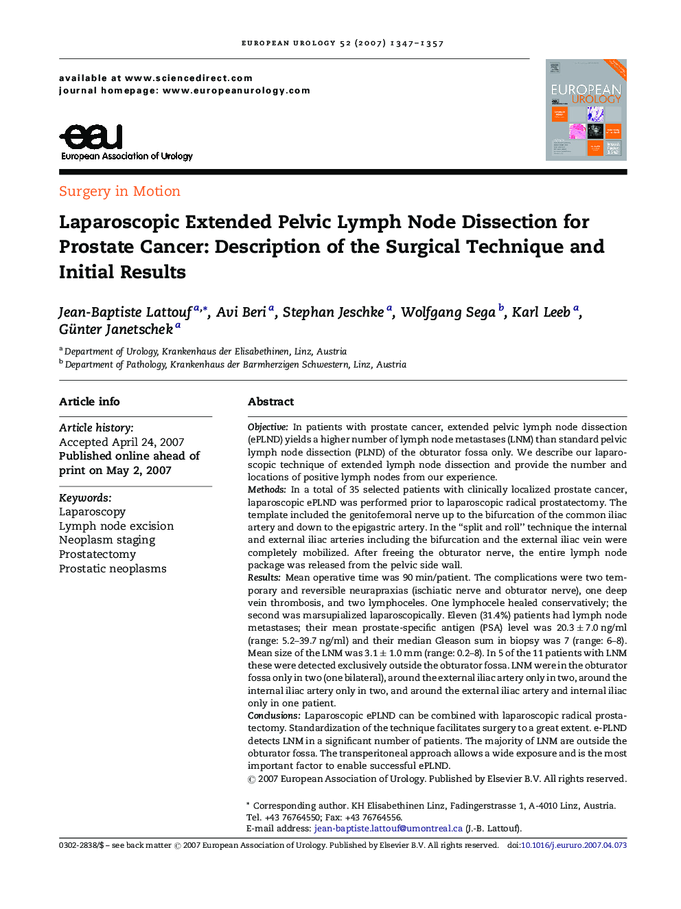 Laparoscopic Extended Pelvic Lymph Node Dissection for Prostate Cancer: Description of the Surgical Technique and Initial Results