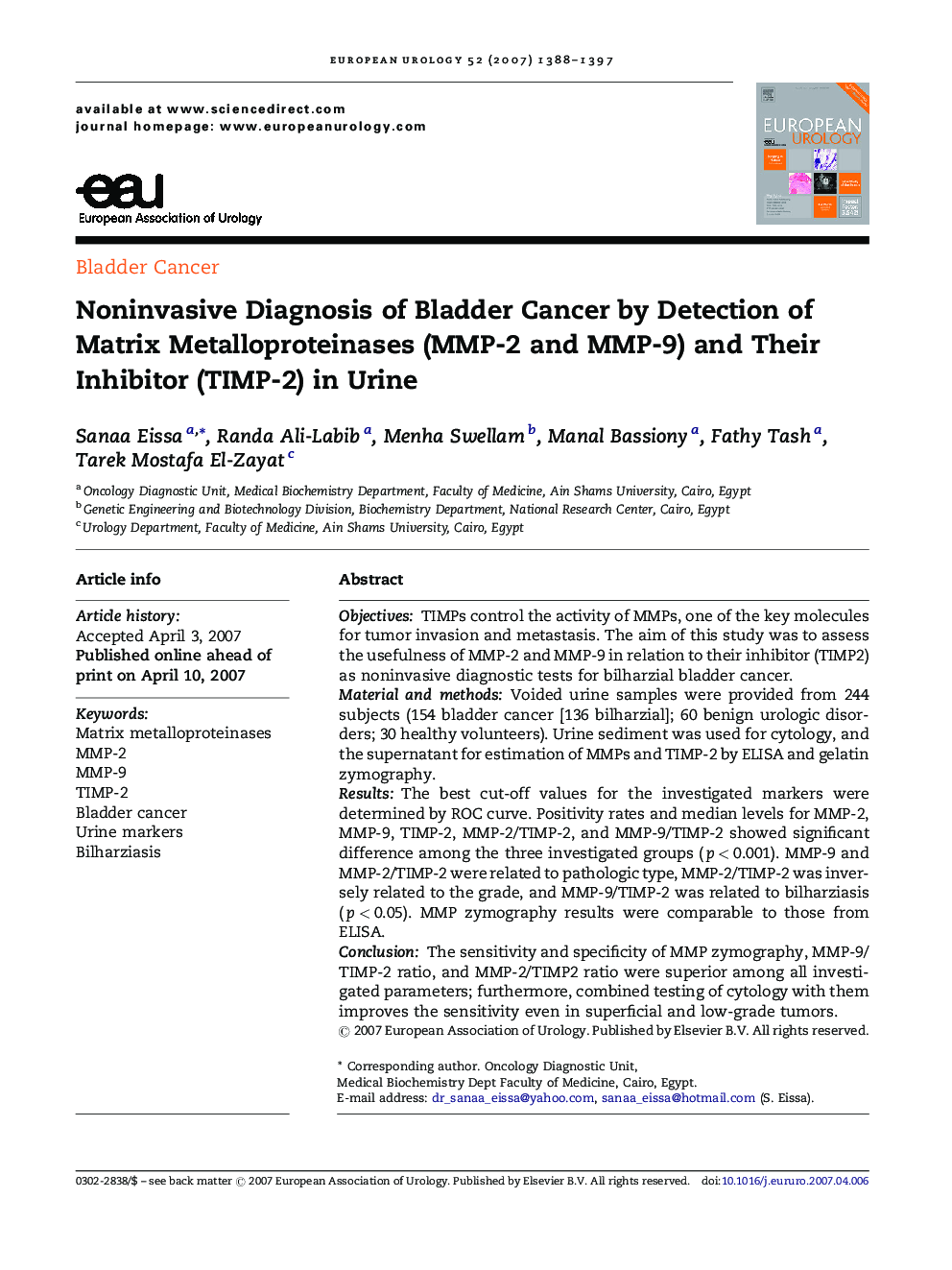 Noninvasive Diagnosis of Bladder Cancer by Detection of Matrix Metalloproteinases (MMP-2 and MMP-9) and Their Inhibitor (TIMP-2) in Urine