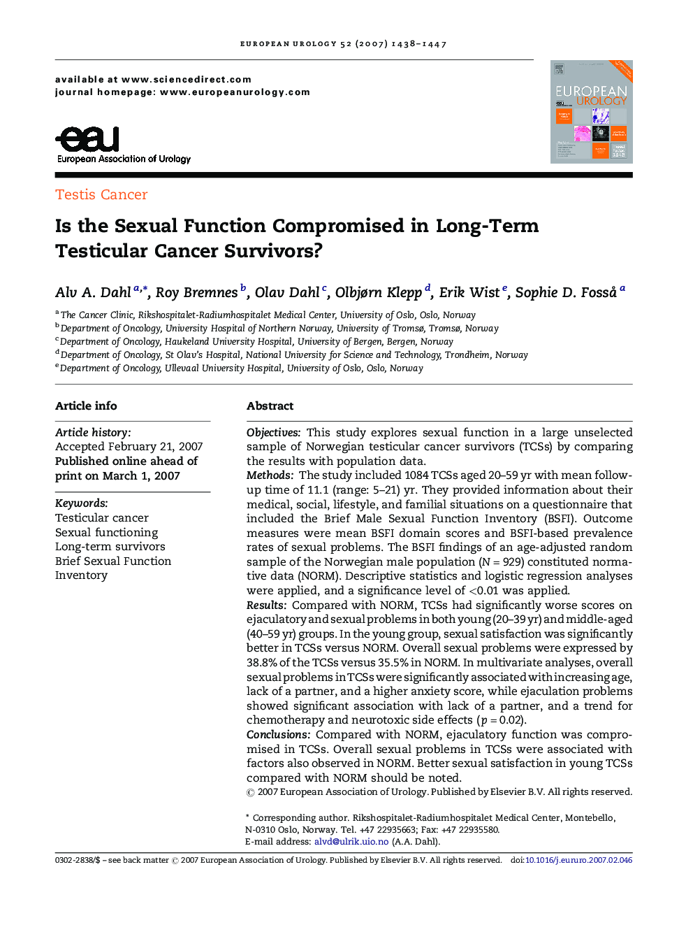 Is the Sexual Function Compromised in Long-Term Testicular Cancer Survivors?