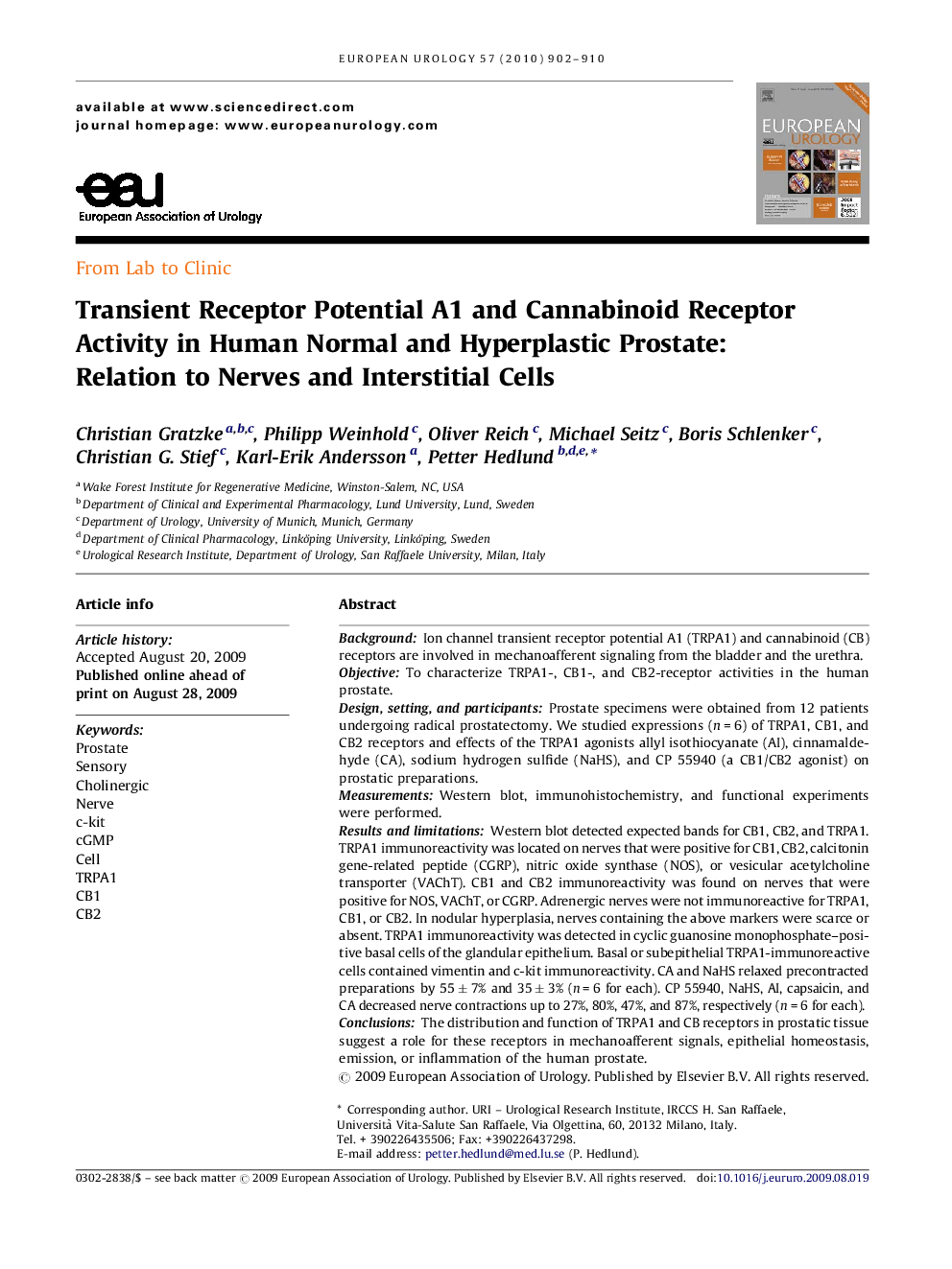 Transient Receptor Potential A1 and Cannabinoid Receptor Activity in Human Normal and Hyperplastic Prostate: Relation to Nerves and Interstitial Cells