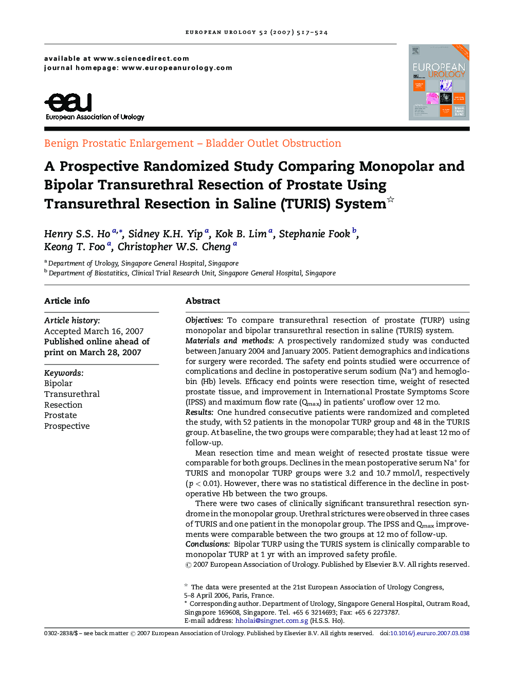 A Prospective Randomized Study Comparing Monopolar and Bipolar Transurethral Resection of Prostate Using Transurethral Resection in Saline (TURIS) System 