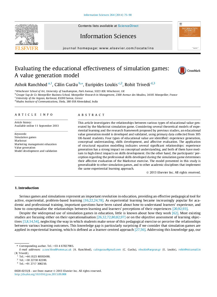 Evaluating the educational effectiveness of simulation games: A value generation model