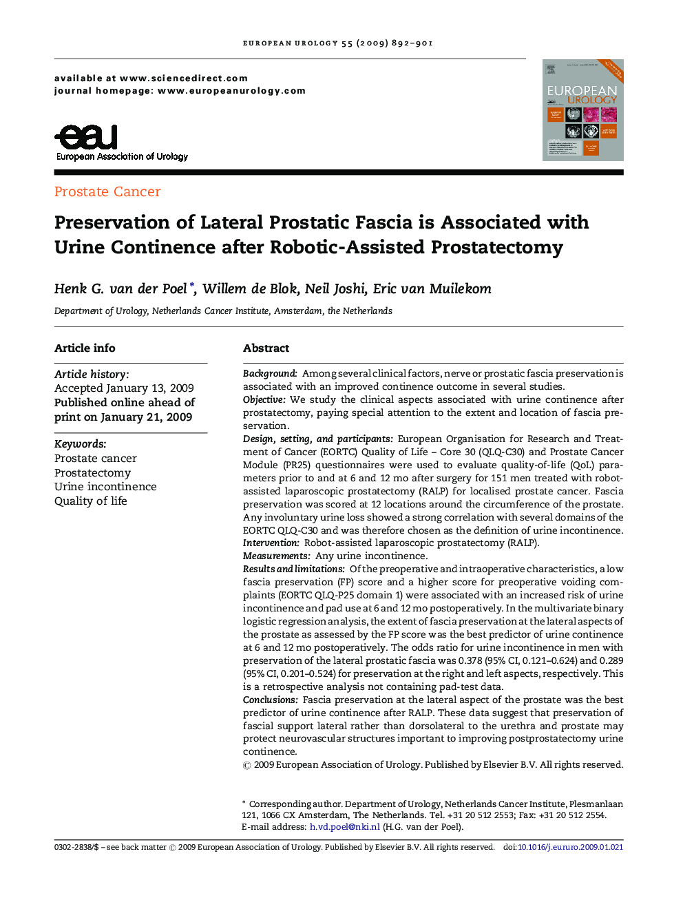 Preservation of Lateral Prostatic Fascia is Associated with Urine Continence after Robotic-Assisted Prostatectomy