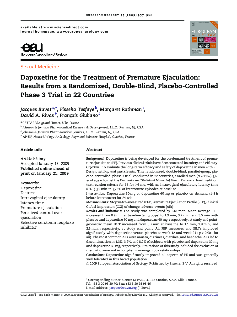 Dapoxetine for the Treatment of Premature Ejaculation: Results from a Randomized, Double-Blind, Placebo-Controlled Phase 3 Trial in 22 Countries