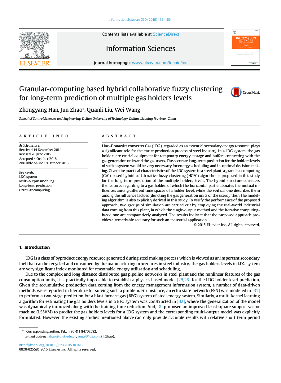 Granular-computing based hybrid collaborative fuzzy clustering for long-term prediction of multiple gas holders levels
