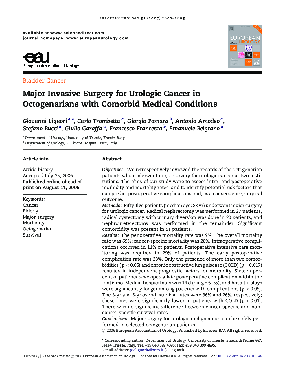 Major Invasive Surgery for Urologic Cancer in Octogenarians with Comorbid Medical Conditions