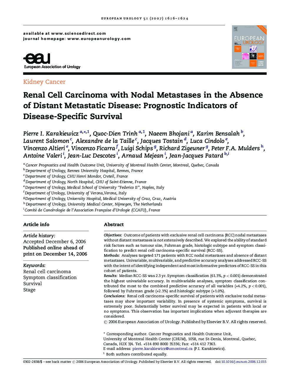 Renal Cell Carcinoma with Nodal Metastases in the Absence of Distant Metastatic Disease: Prognostic Indicators of Disease-Specific Survival