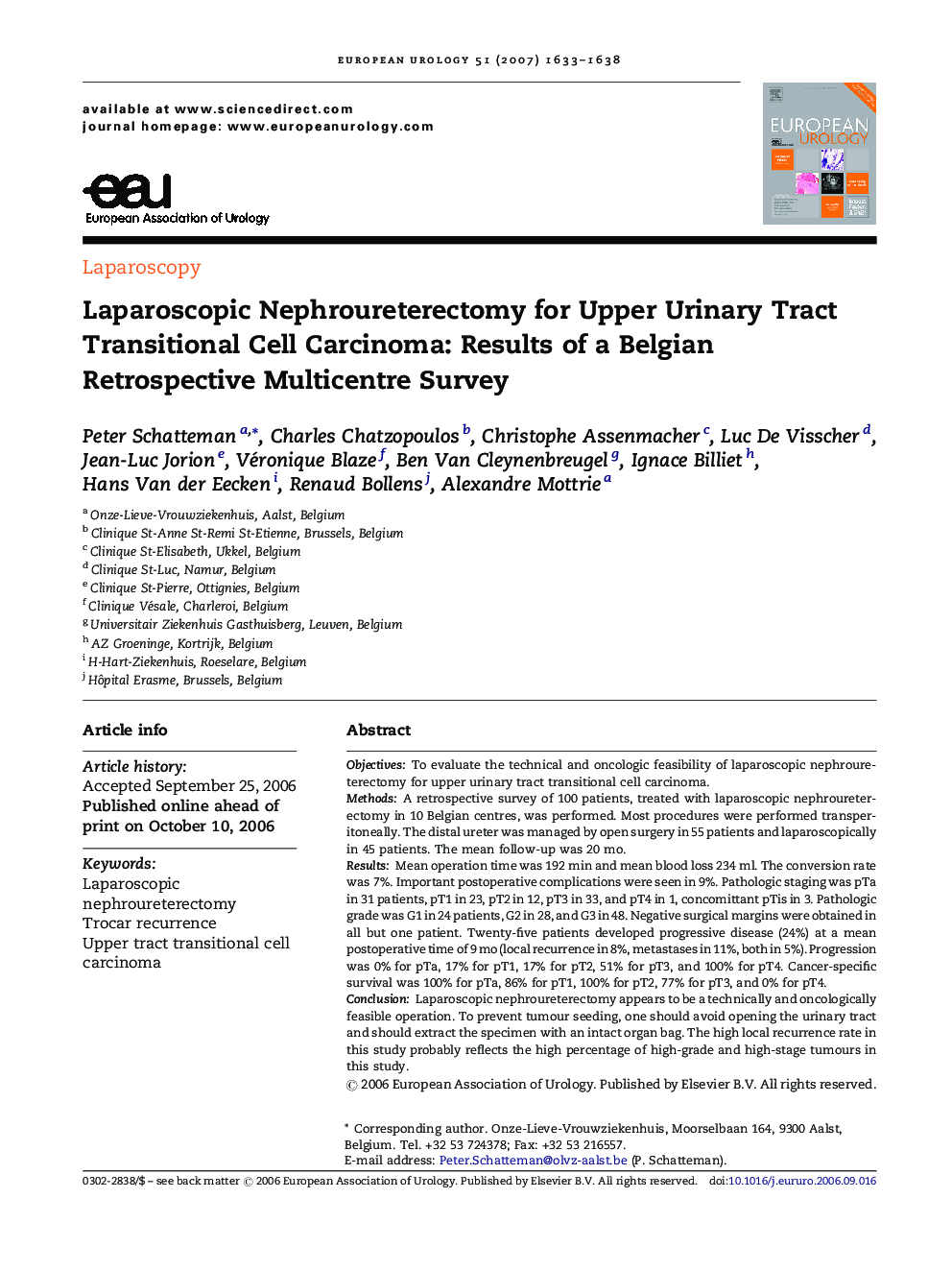 Laparoscopic Nephroureterectomy for Upper Urinary Tract Transitional Cell Carcinoma: Results of a Belgian Retrospective Multicentre Survey