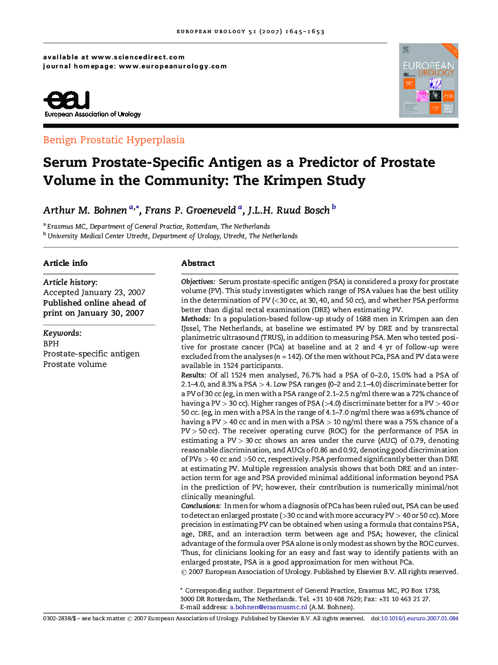 Serum Prostate-Specific Antigen as a Predictor of Prostate Volume in the Community: The Krimpen Study