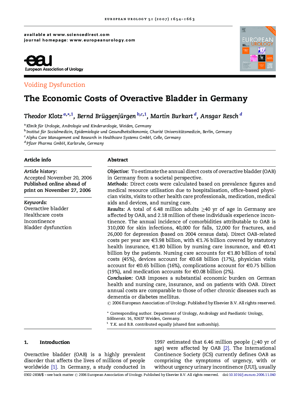 The Economic Costs of Overactive Bladder in Germany