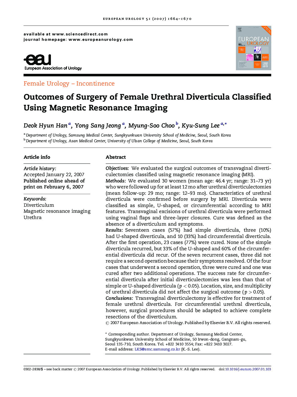 Outcomes of Surgery of Female Urethral Diverticula Classified Using Magnetic Resonance Imaging