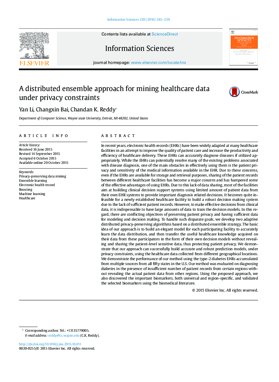 A distributed ensemble approach for mining healthcare data under privacy constraints