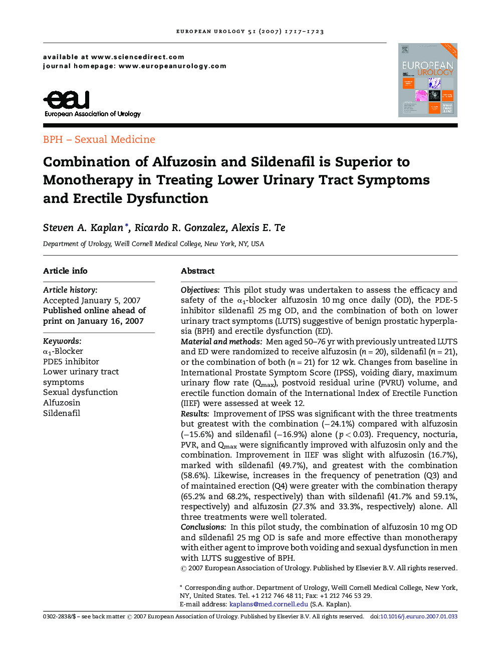 Combination of Alfuzosin and Sildenafil is Superior to Monotherapy in Treating Lower Urinary Tract Symptoms and Erectile Dysfunction