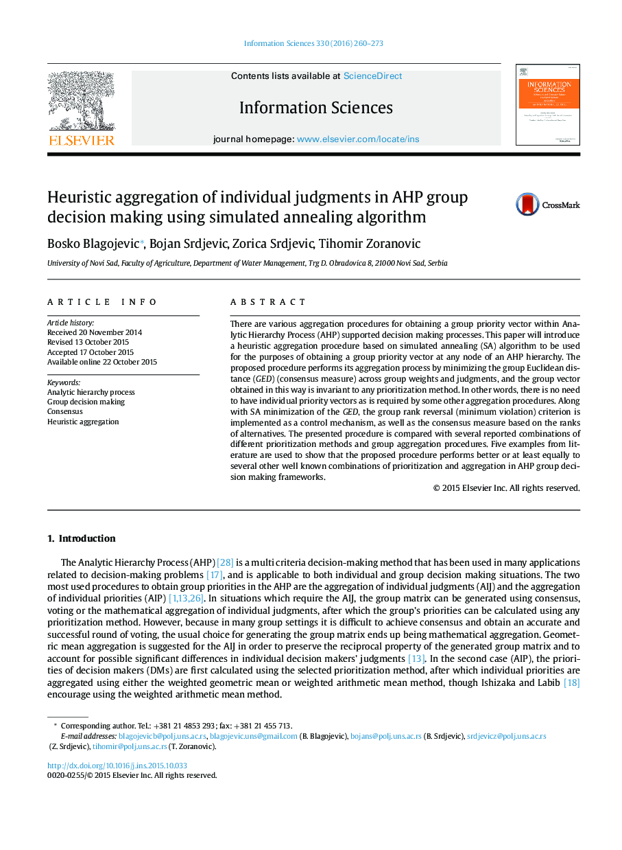 Heuristic aggregation of individual judgments in AHP group decision making using simulated annealing algorithm