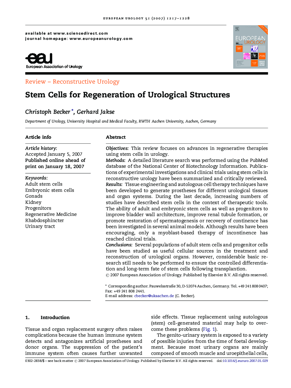 Stem Cells for Regeneration of Urological Structures