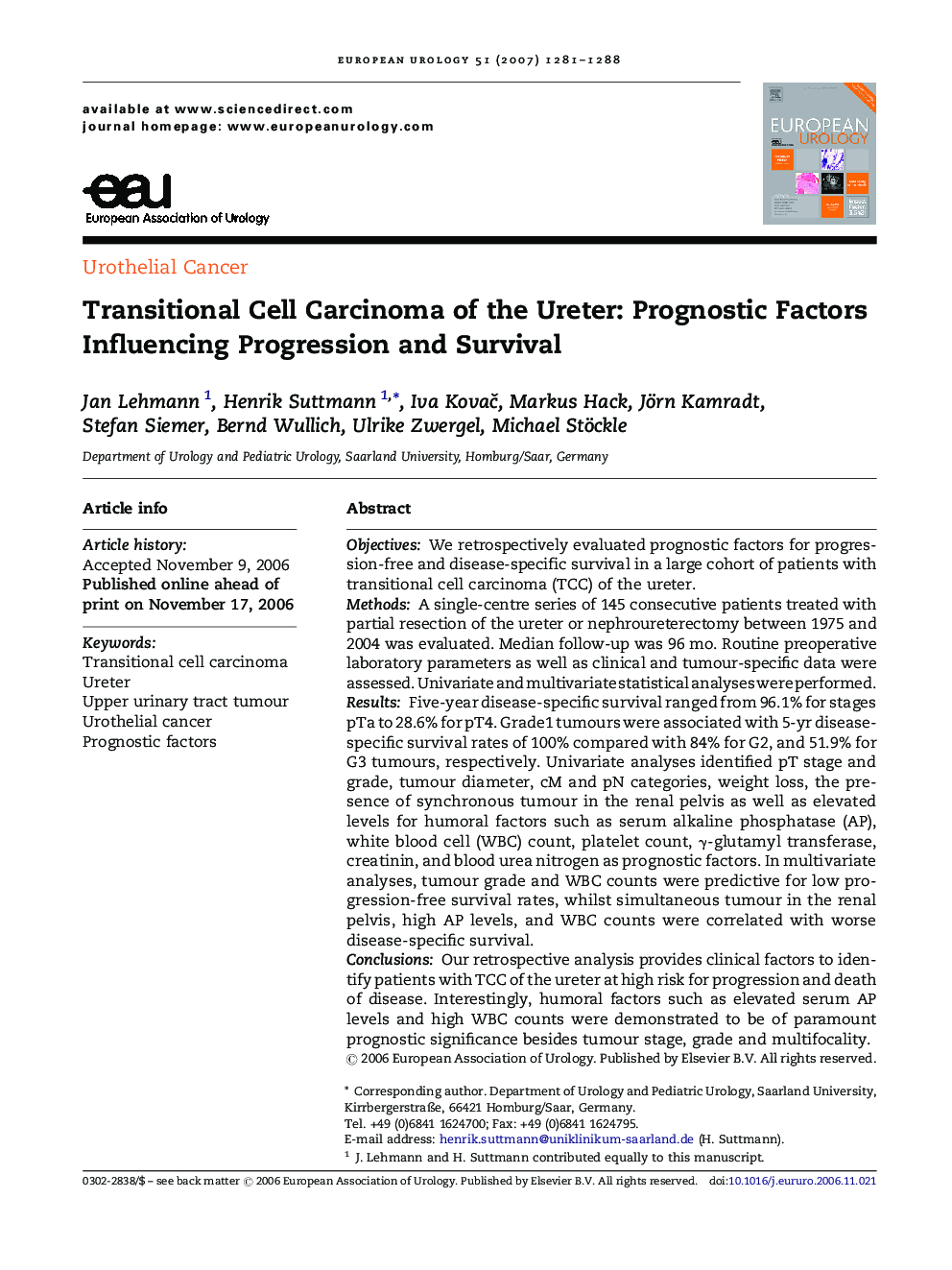 Transitional Cell Carcinoma of the Ureter: Prognostic Factors Influencing Progression and Survival