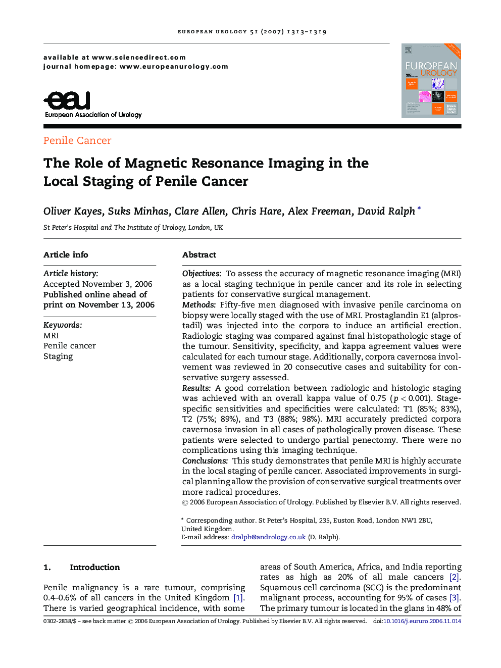 The Role of Magnetic Resonance Imaging in the Local Staging of Penile Cancer