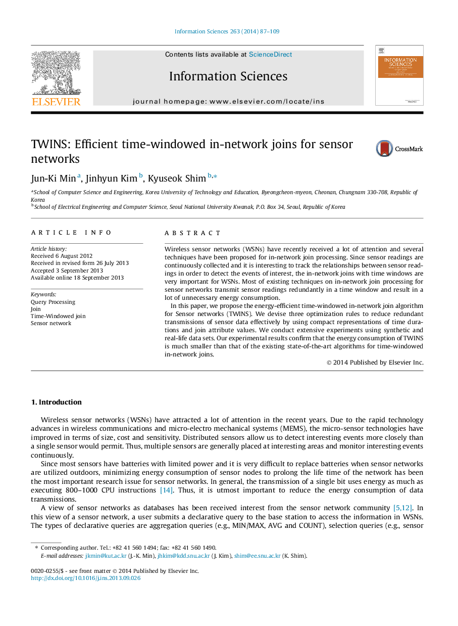 TWINS: Efficient time-windowed in-network joins for sensor networks