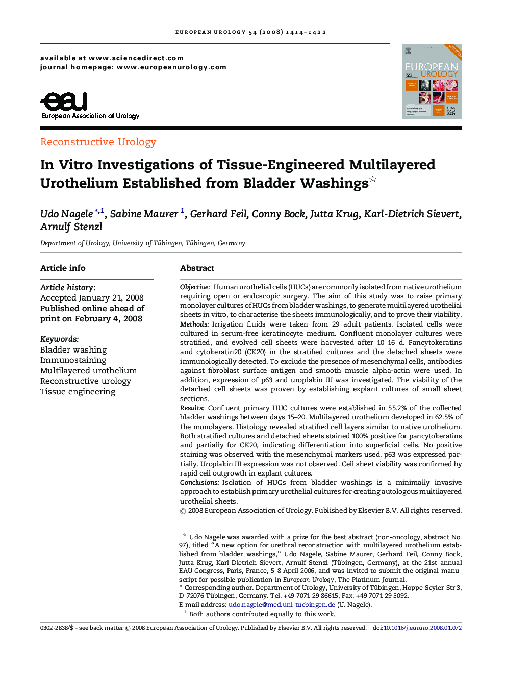 In Vitro Investigations of Tissue-Engineered Multilayered Urothelium Established from Bladder Washings 