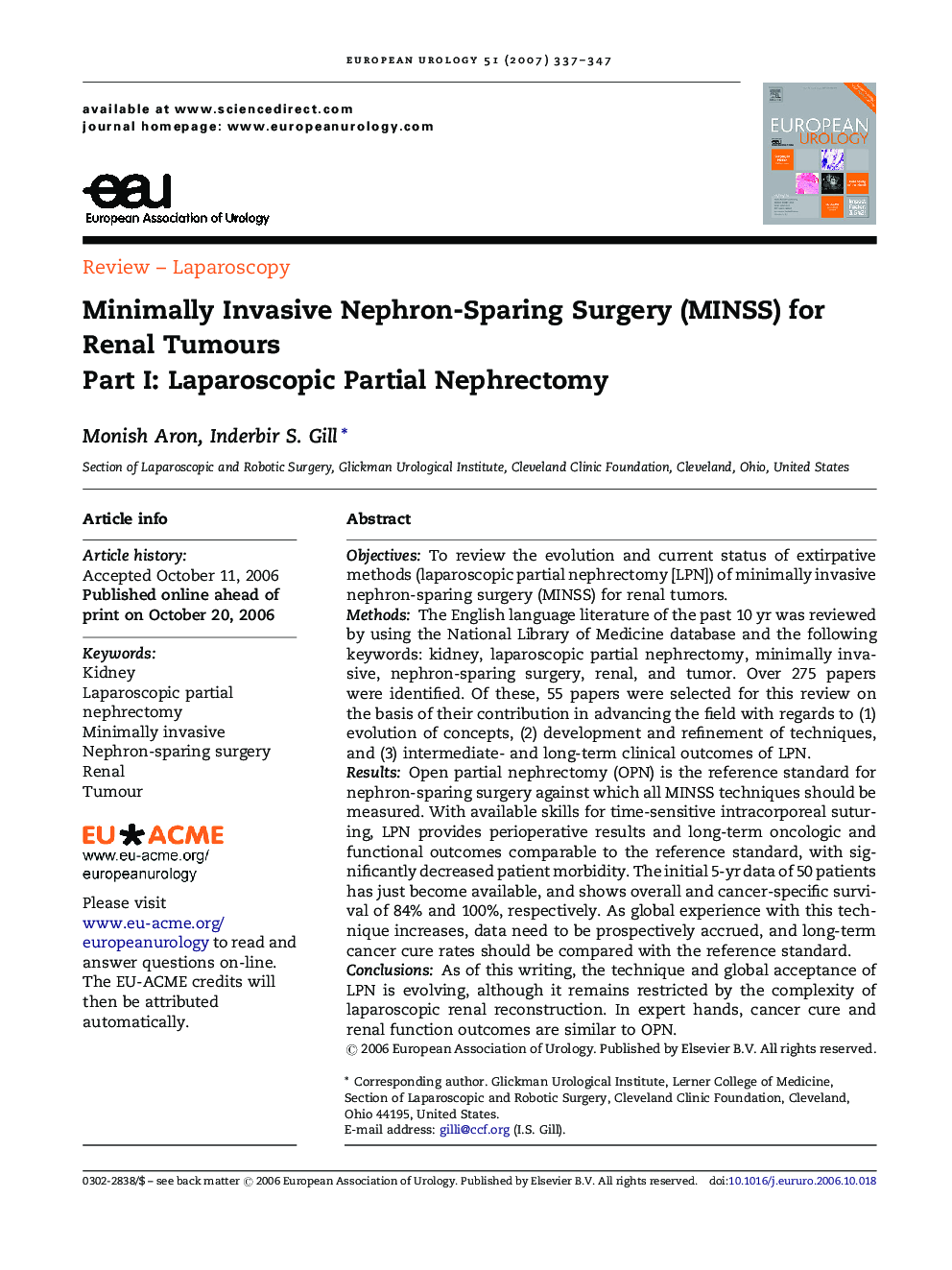 Minimally Invasive Nephron-Sparing Surgery (MINSS) for Renal Tumours : Part I: Laparoscopic Partial Nephrectomy