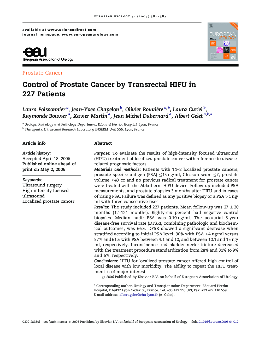 Control of Prostate Cancer by Transrectal HIFU in 227 Patients