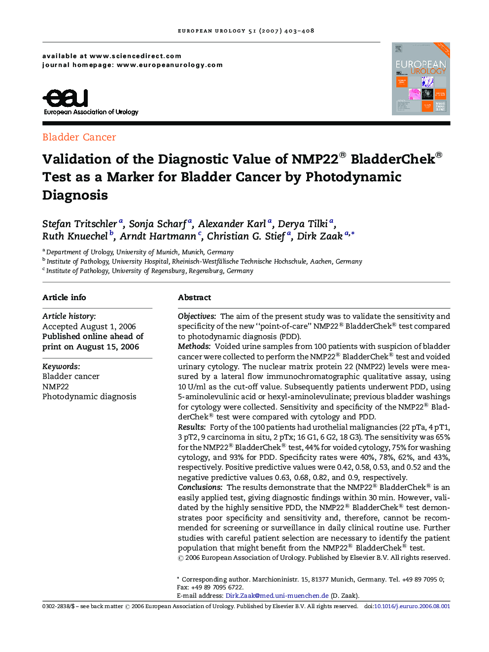 Validation of the Diagnostic Value of NMP22® BladderChek® Test as a Marker for Bladder Cancer by Photodynamic Diagnosis