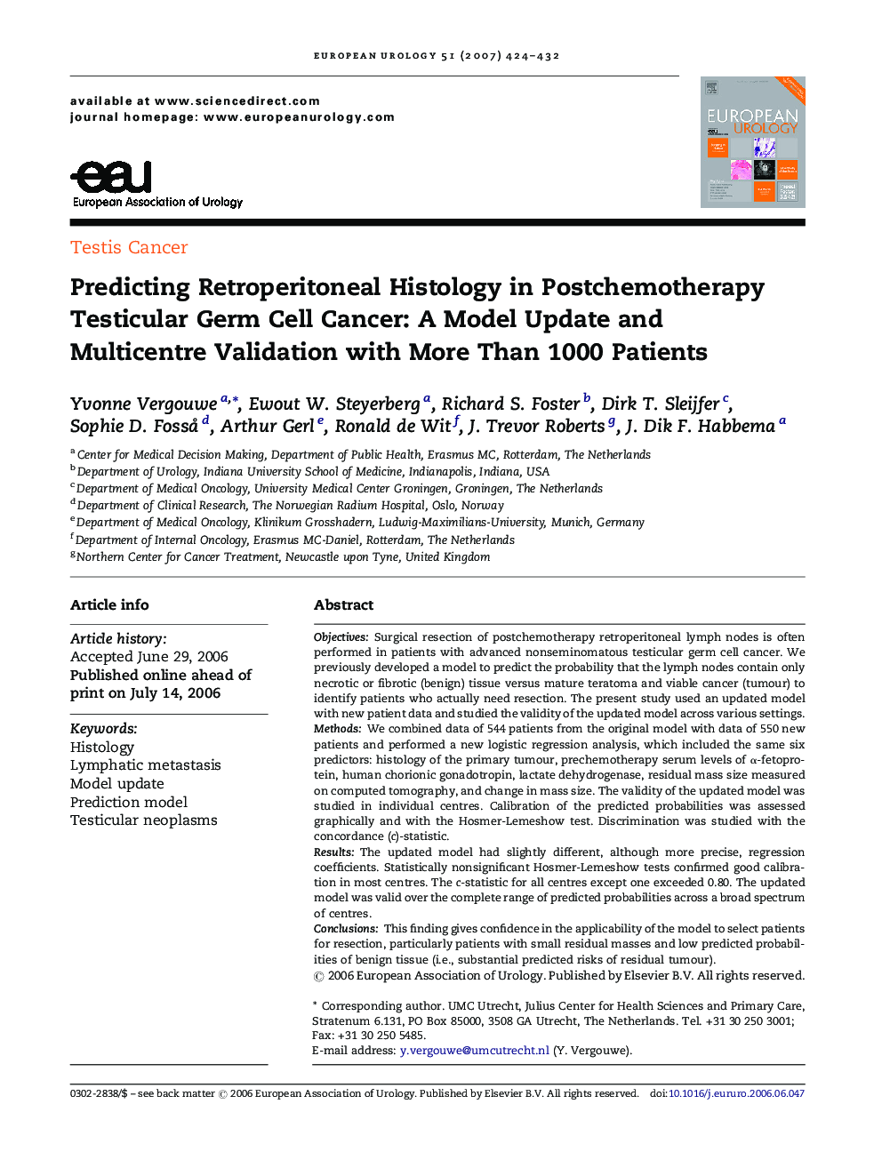 Predicting Retroperitoneal Histology in Postchemotherapy Testicular Germ Cell Cancer: A Model Update and Multicentre Validation with More Than 1000 Patients