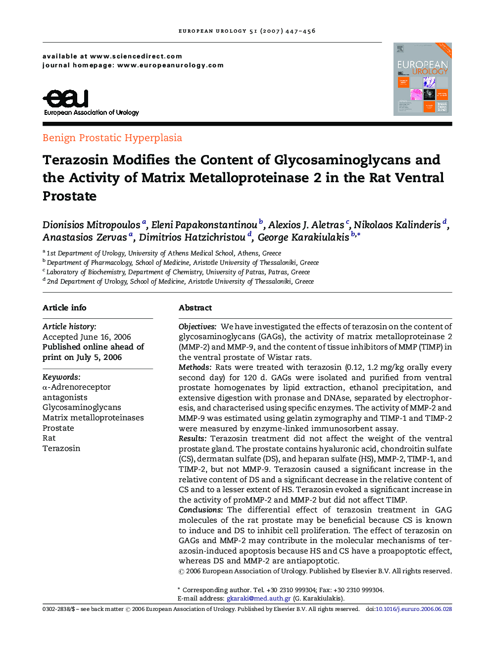 Terazosin Modifies the Content of Glycosaminoglycans and the Activity of Matrix Metalloproteinase 2 in the Rat Ventral Prostate