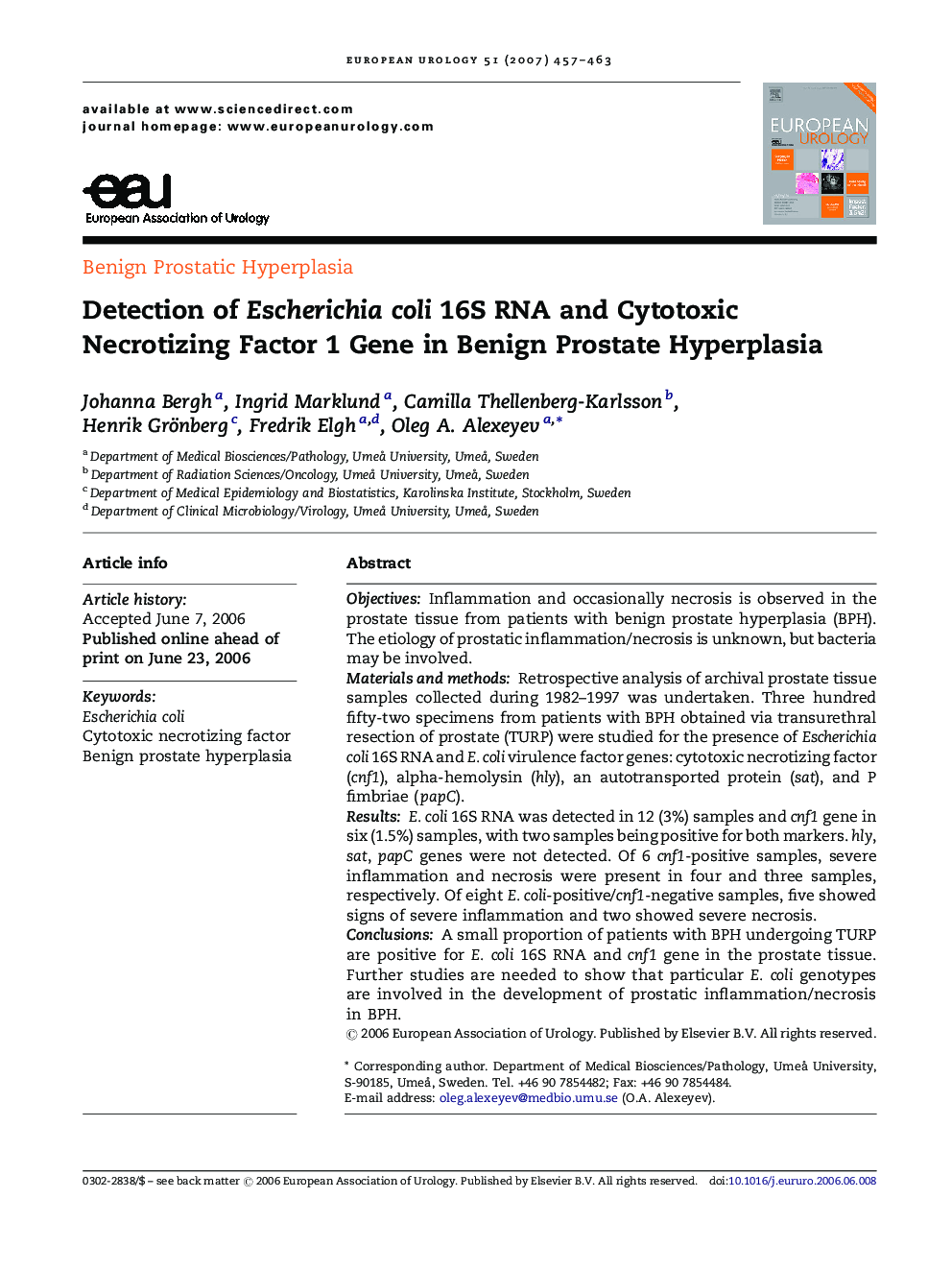 Detection of Escherichia coli 16S RNA and Cytotoxic Necrotizing Factor 1 Gene in Benign Prostate Hyperplasia