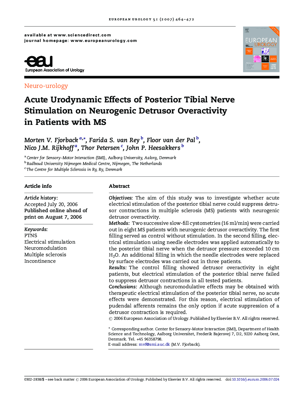 Acute Urodynamic Effects of Posterior Tibial Nerve Stimulation on Neurogenic Detrusor Overactivity in Patients with MS