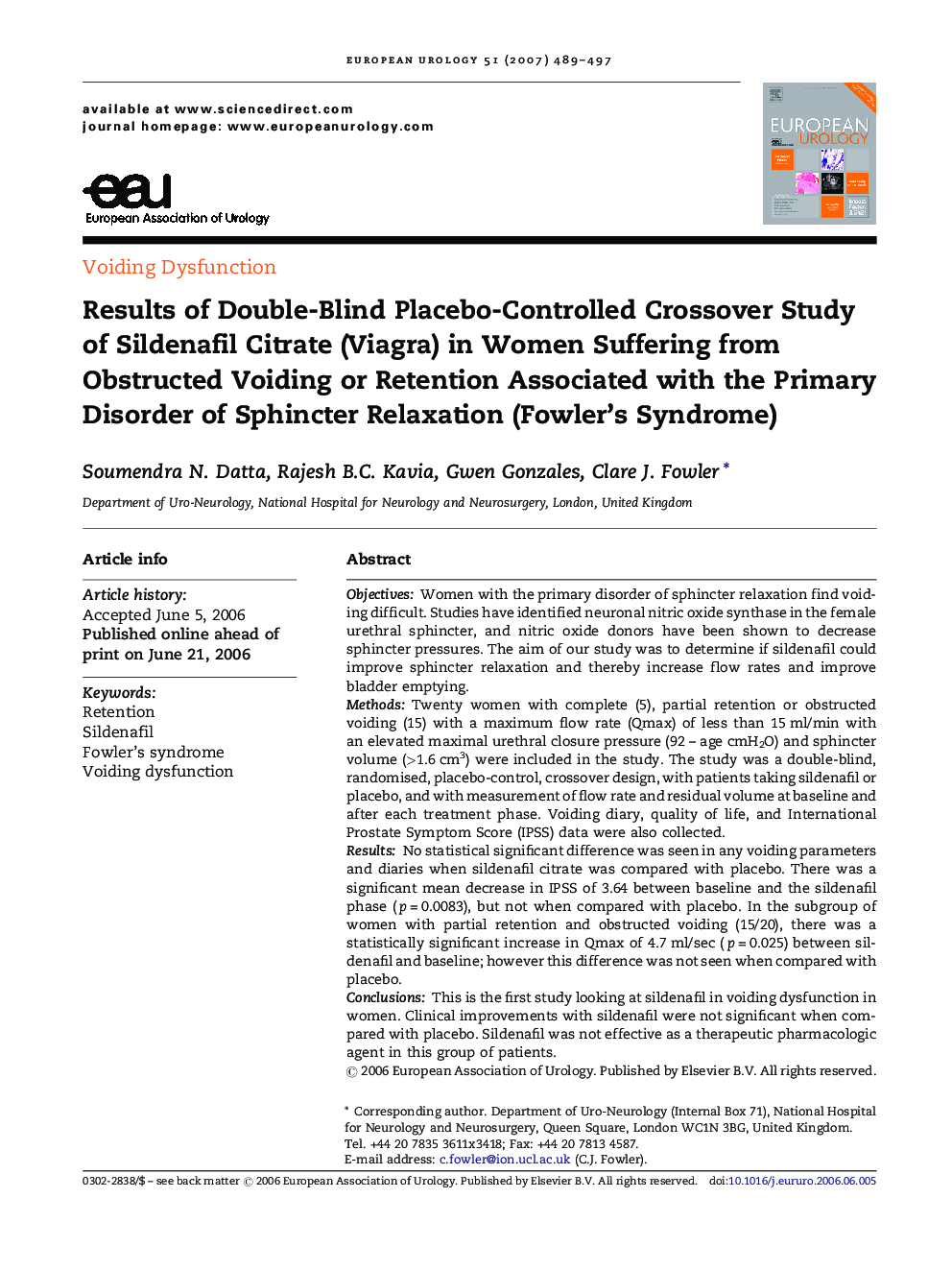 Results of Double-Blind Placebo-Controlled Crossover Study of Sildenafil Citrate (Viagra) in Women Suffering from Obstructed Voiding or Retention Associated with the Primary Disorder of Sphincter Relaxation (Fowler's Syndrome)