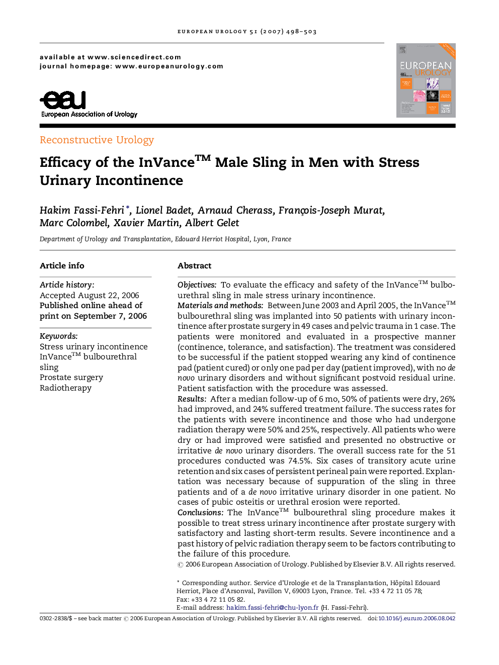 Efficacy of the InVance™ Male Sling in Men with Stress Urinary Incontinence