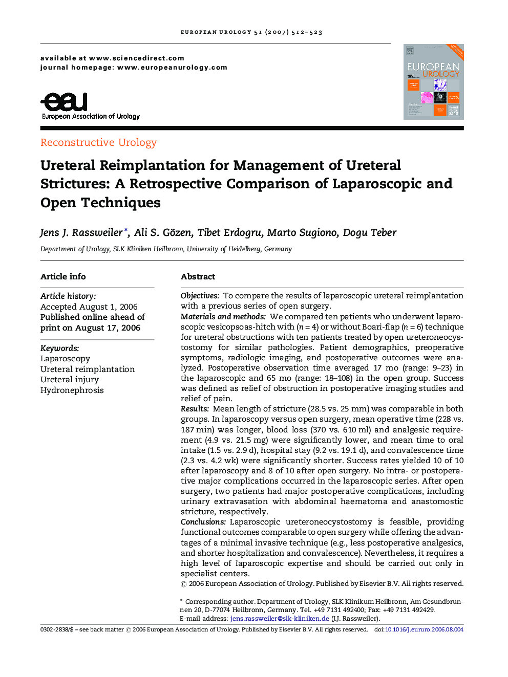 Ureteral Reimplantation for Management of Ureteral Strictures: A Retrospective Comparison of Laparoscopic and Open Techniques