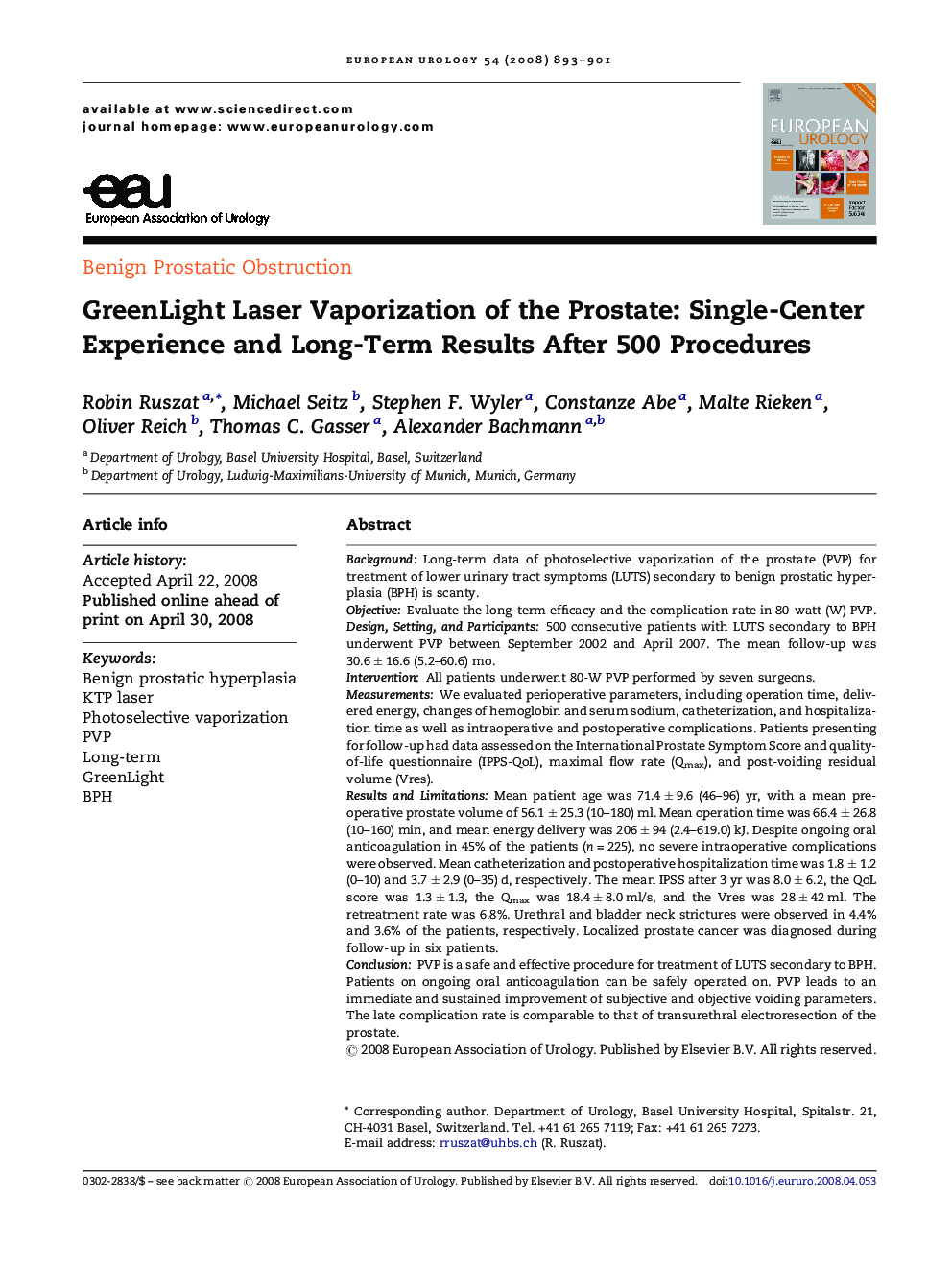 GreenLight Laser Vaporization of the Prostate: Single-Center Experience and Long-Term Results After 500 Procedures