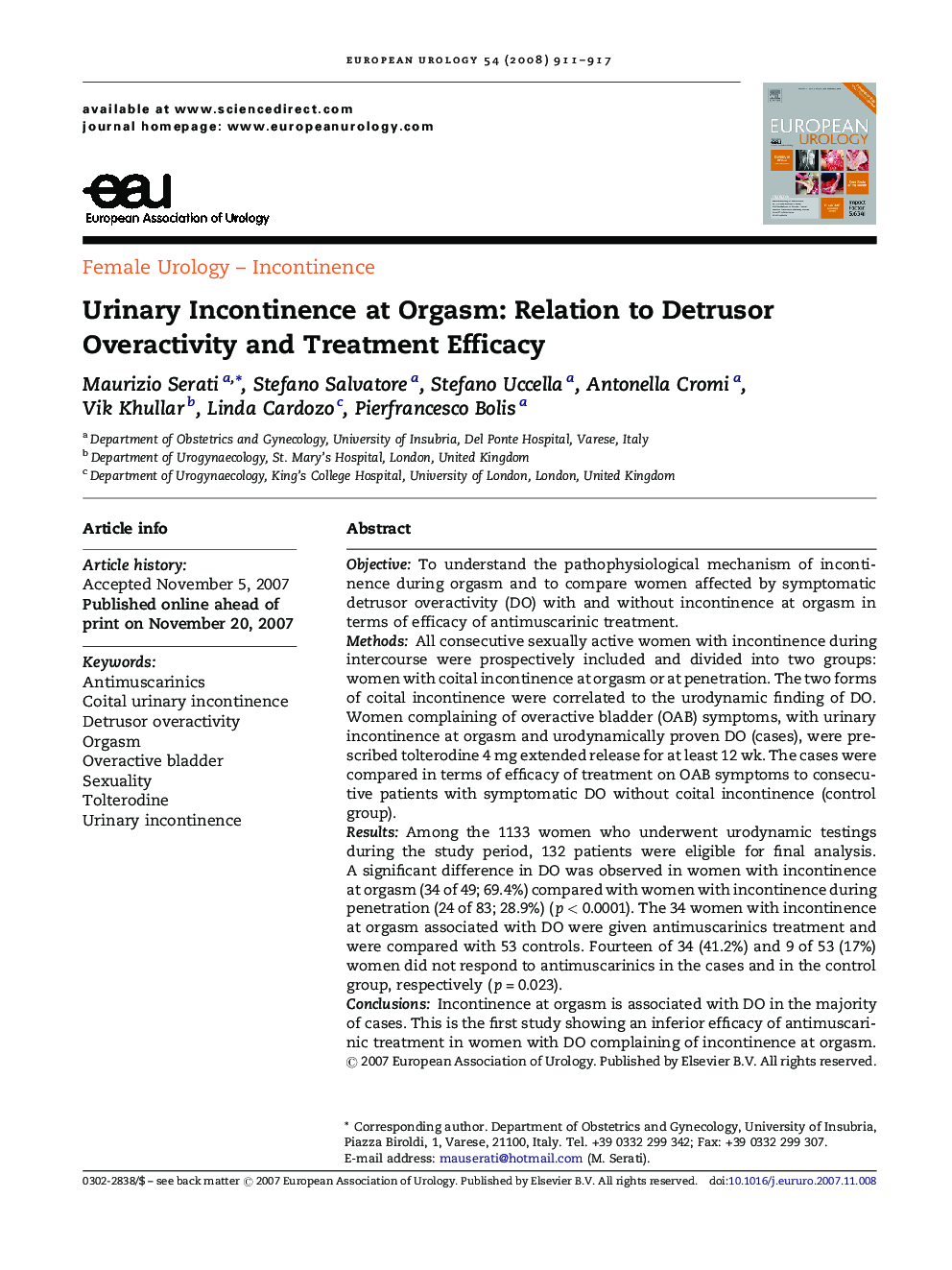 Urinary Incontinence at Orgasm: Relation to Detrusor Overactivity and Treatment Efficacy