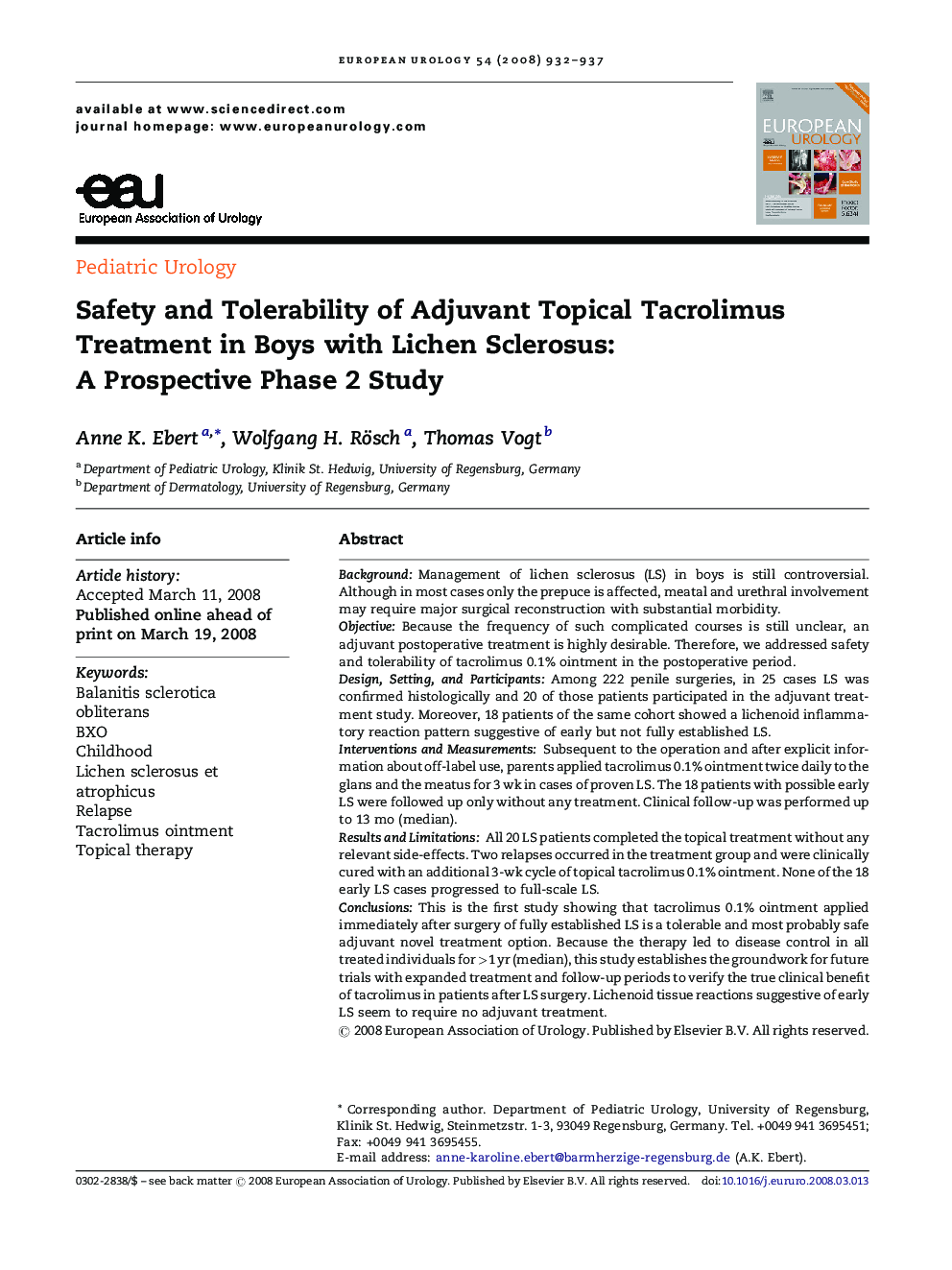 Safety and Tolerability of Adjuvant Topical Tacrolimus Treatment in Boys with Lichen Sclerosus: A Prospective Phase 2 Study