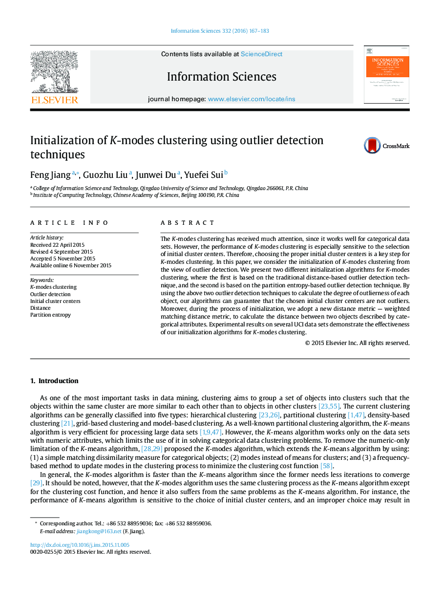 Initialization of K-modes clustering using outlier detection techniques