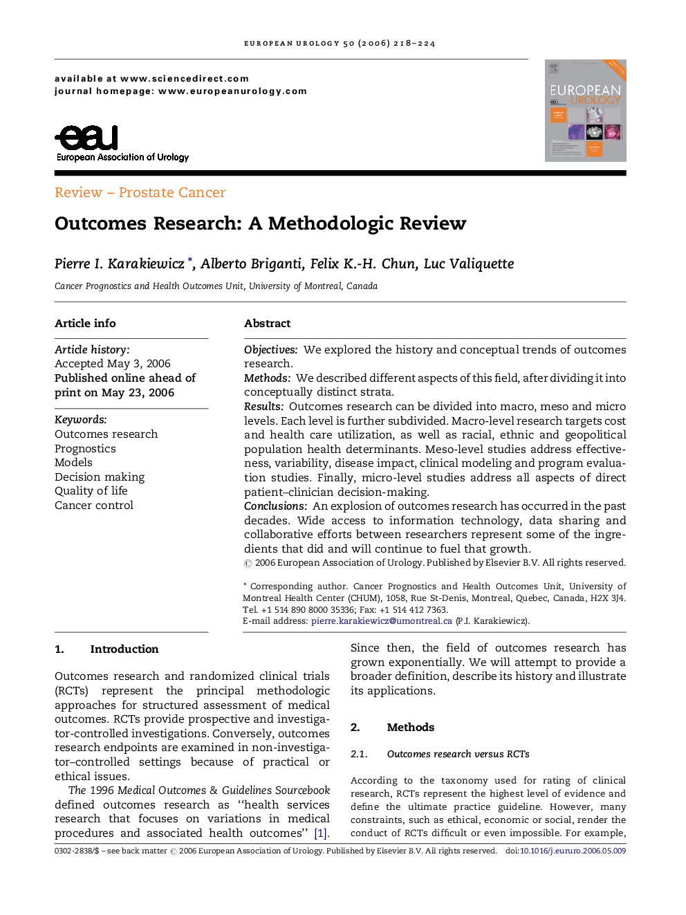 Outcomes Research: A Methodologic Review