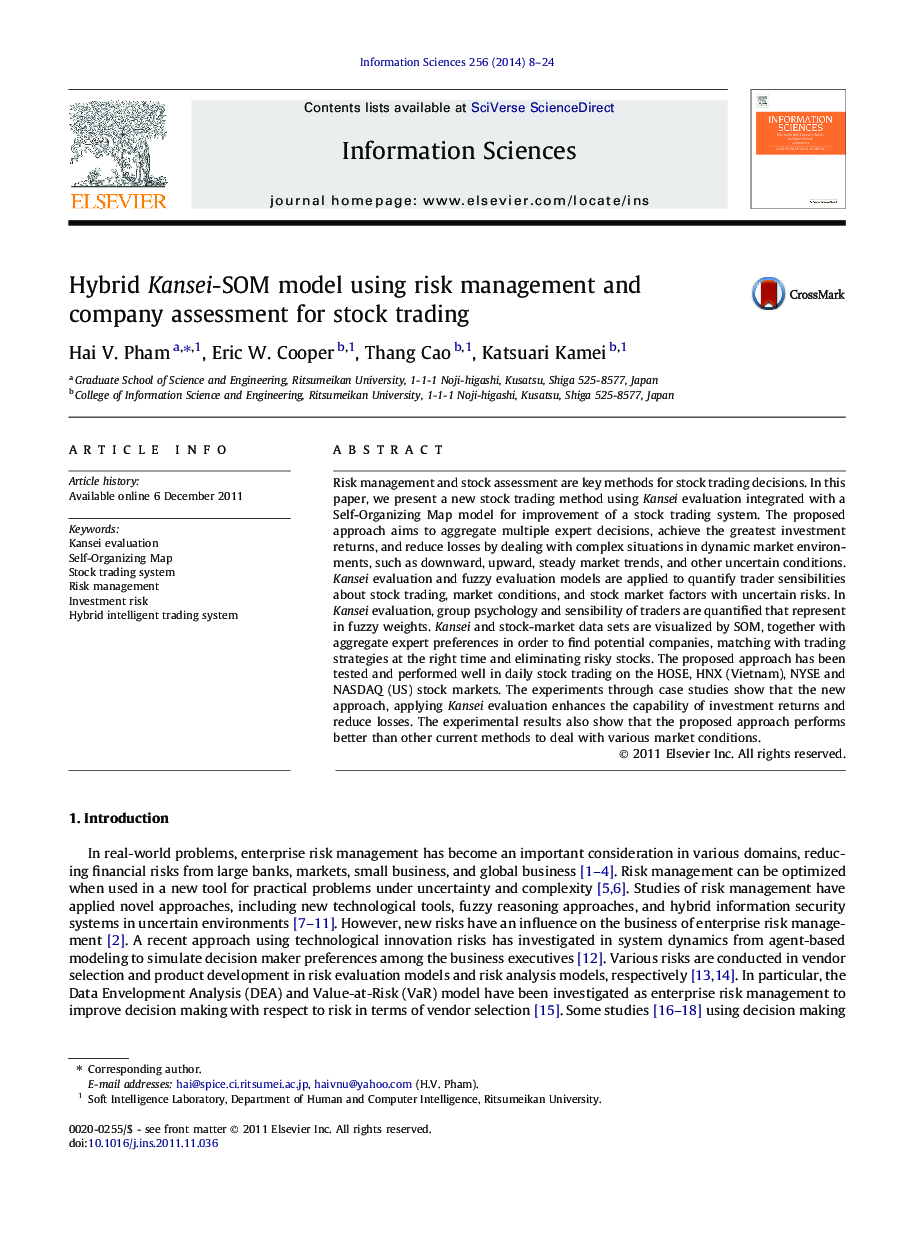 Hybrid Kansei-SOM model using risk management and company assessment for stock trading