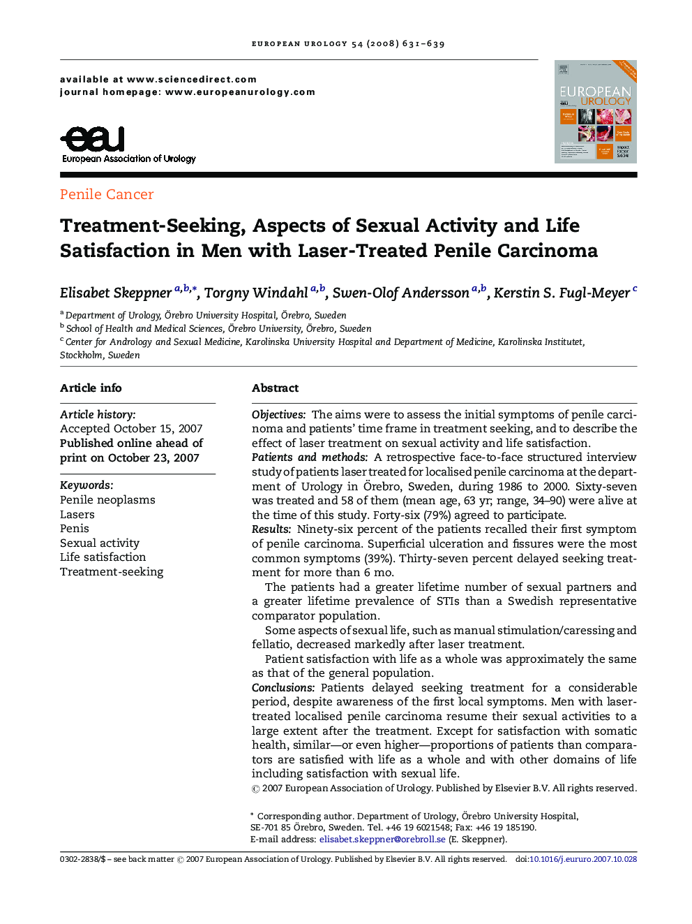 Treatment-Seeking, Aspects of Sexual Activity and Life Satisfaction in Men with Laser-Treated Penile Carcinoma